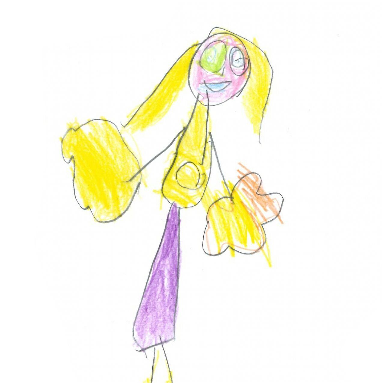 Child's drawing of a yellow-clad figure with long blonde hair, purple skirt, and outstretched arms.