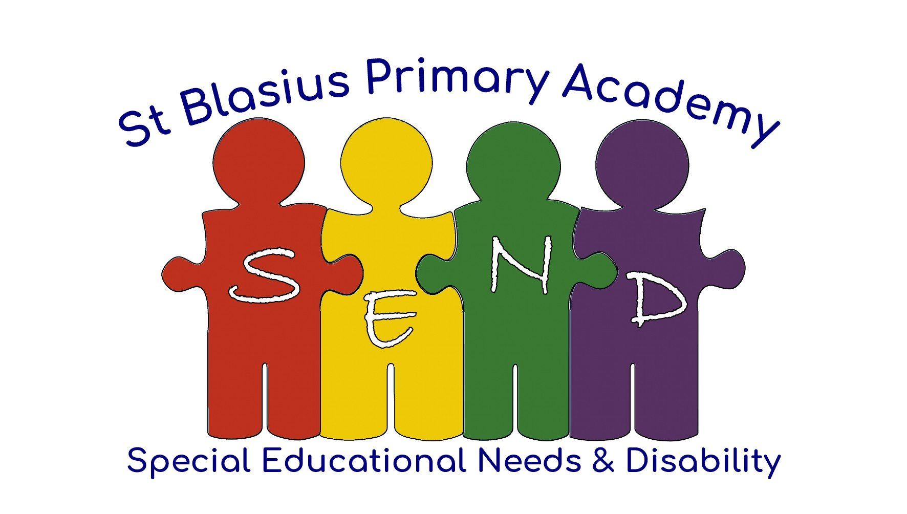 Logo for St Blasius Primary Academy's SEND program: four colorful puzzle-piece figures spelling