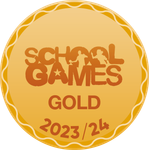 Gold medal for School Games 2023/24, with text and silhouettes of athletes, in shades of gold.