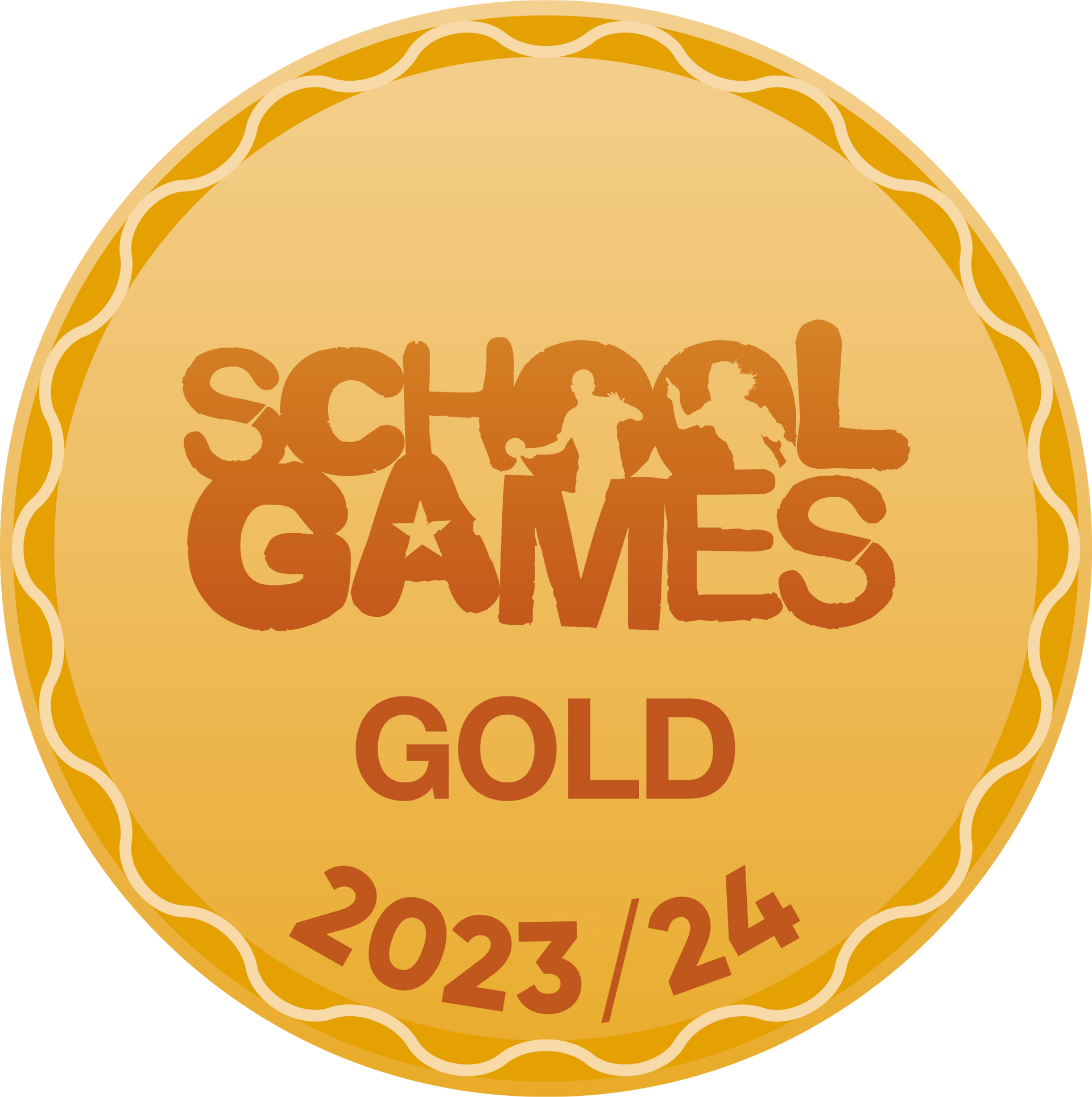 Gold medal for School Games 2023/24, with text and silhouettes of athletes, in shades of gold.