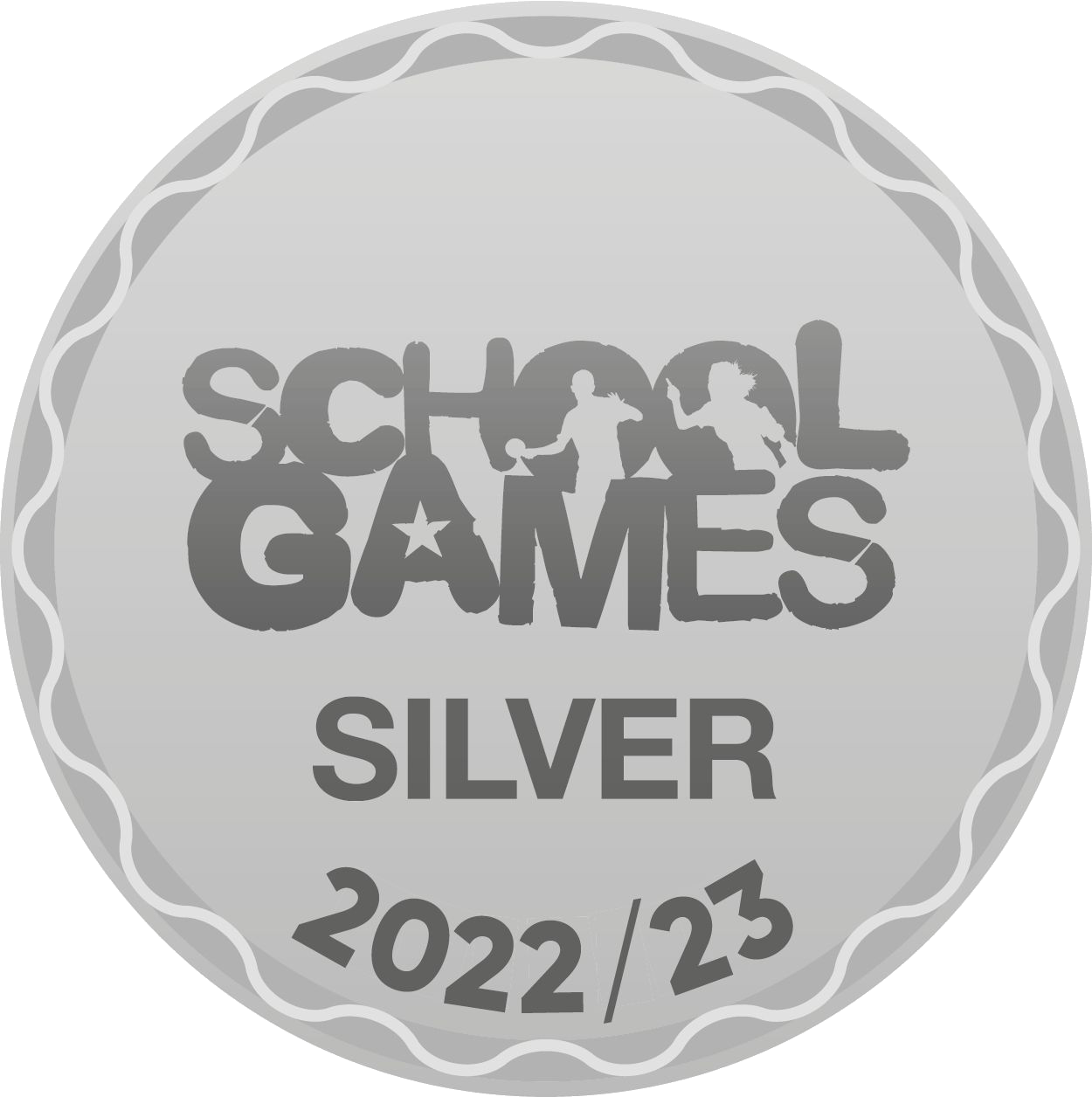 Silver School Games medal, with 2022/23 inscription. Features a figure silhouette.