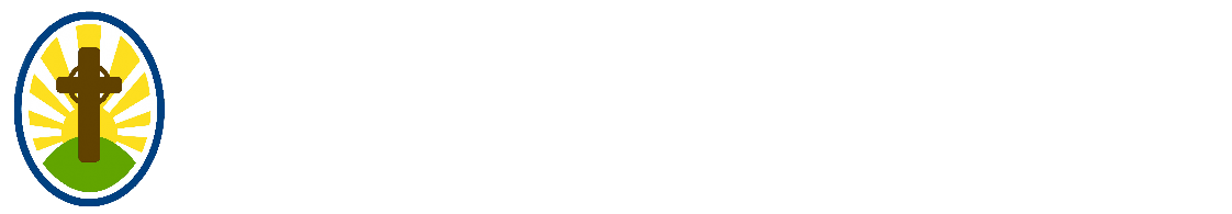 A logo with a cross, light rays, and green field, inside a blue circle.