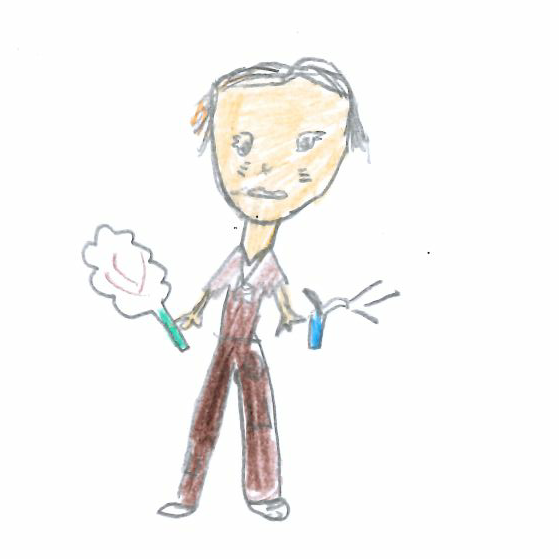 Person holding a dust feather and spray bottle, cartoon drawing.