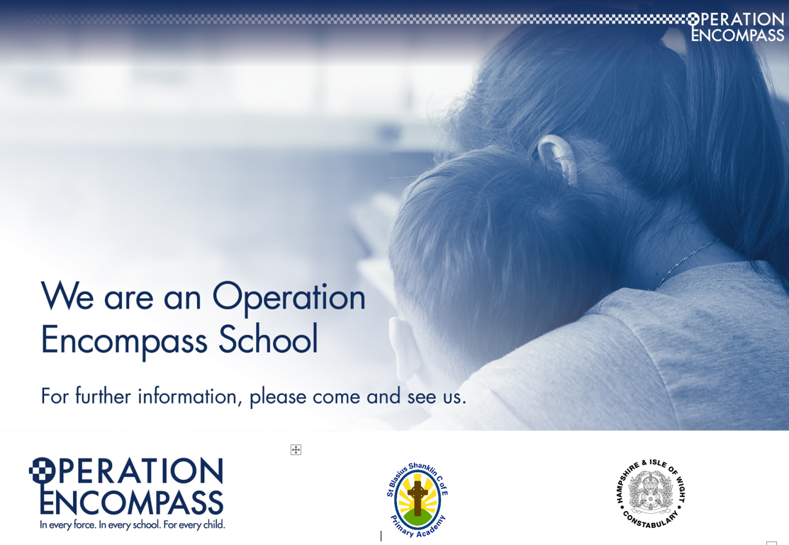 Poster for Operation Encompass School with text and image of a person comforting a child.