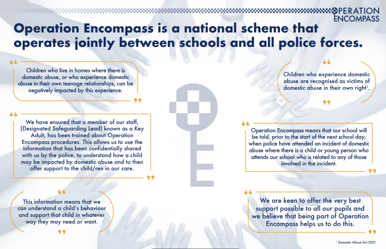 Operation Encompass text with a key and hands, highlighting collaboration between schools and police.