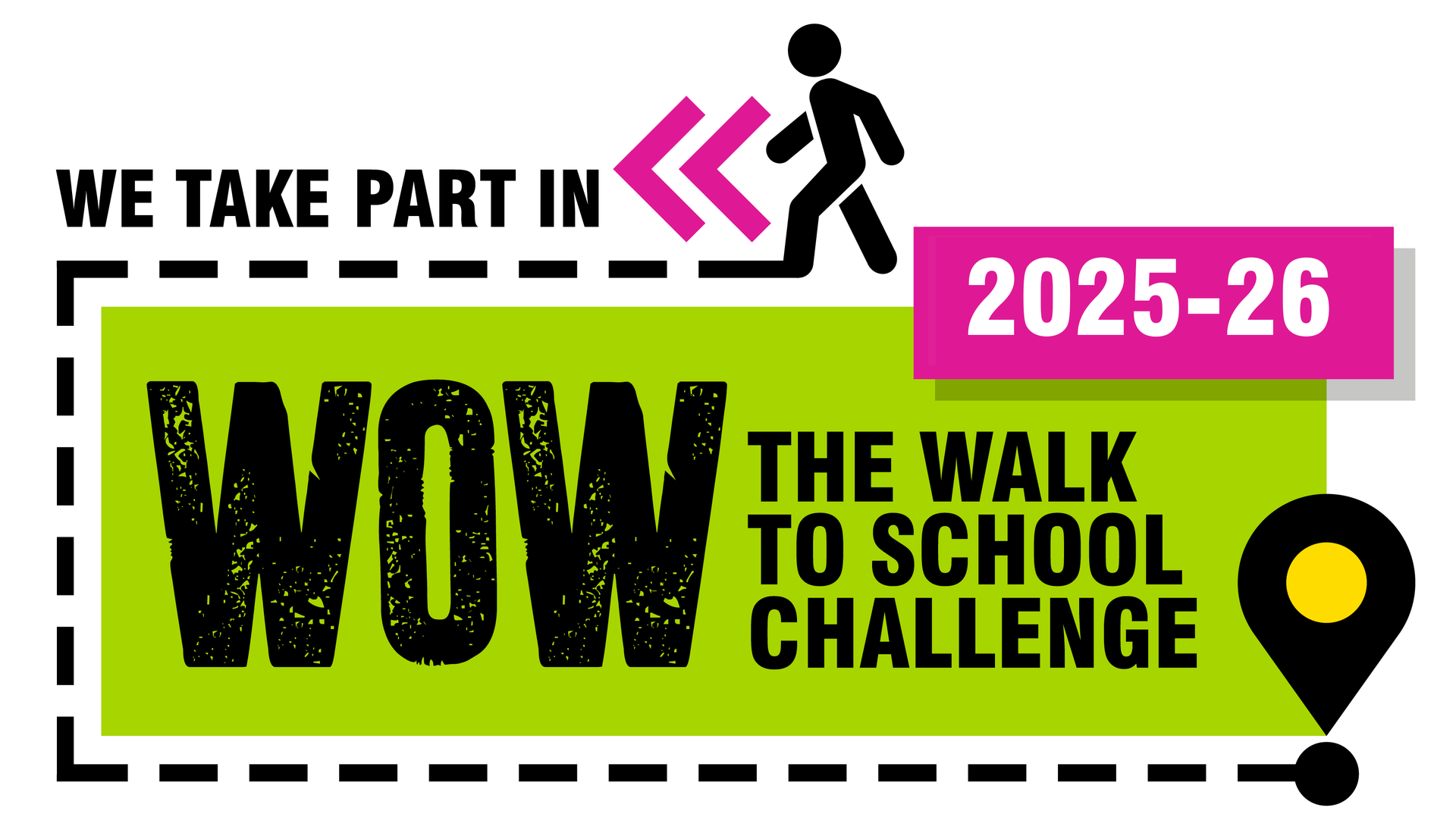 WOW Walk to School Challenge logo, green and pink. Includes a walking person, a pin, and
