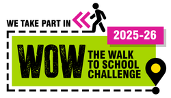 WOW Walk to School Challenge logo, green and pink. Includes a walking person, a pin, and 