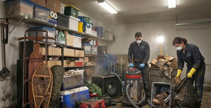 Due operai in un garage o un'officina disordinata, intenti a maneggiare attrezzi tra scaffali, pneumatici e attrezzature.