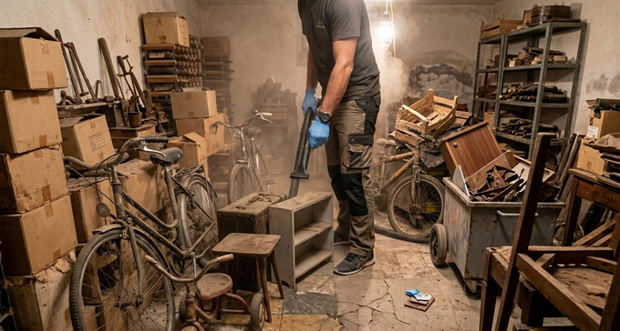 Una persona in un'officina disordinata tiene in mano un attrezzo blu tra pile di legno, scaffali e pezzi di bicicletta.