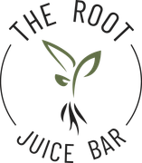 Logo for The Root Juice Bar featuring a green sprout with roots inside a circle, with text curved along the border.