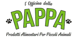 Logo: "L'Officina della PAPPA" in green letters, "Prodotti Alimentari Per Piccoli Animali" below. Paw prints on either side of PAPPA.