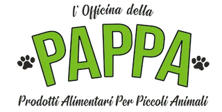 Logo: "L'Officina della PAPPA" in green letters, "Prodotti Alimentari Per Piccoli Animali" below. Paw prints on either side of PAPPA.