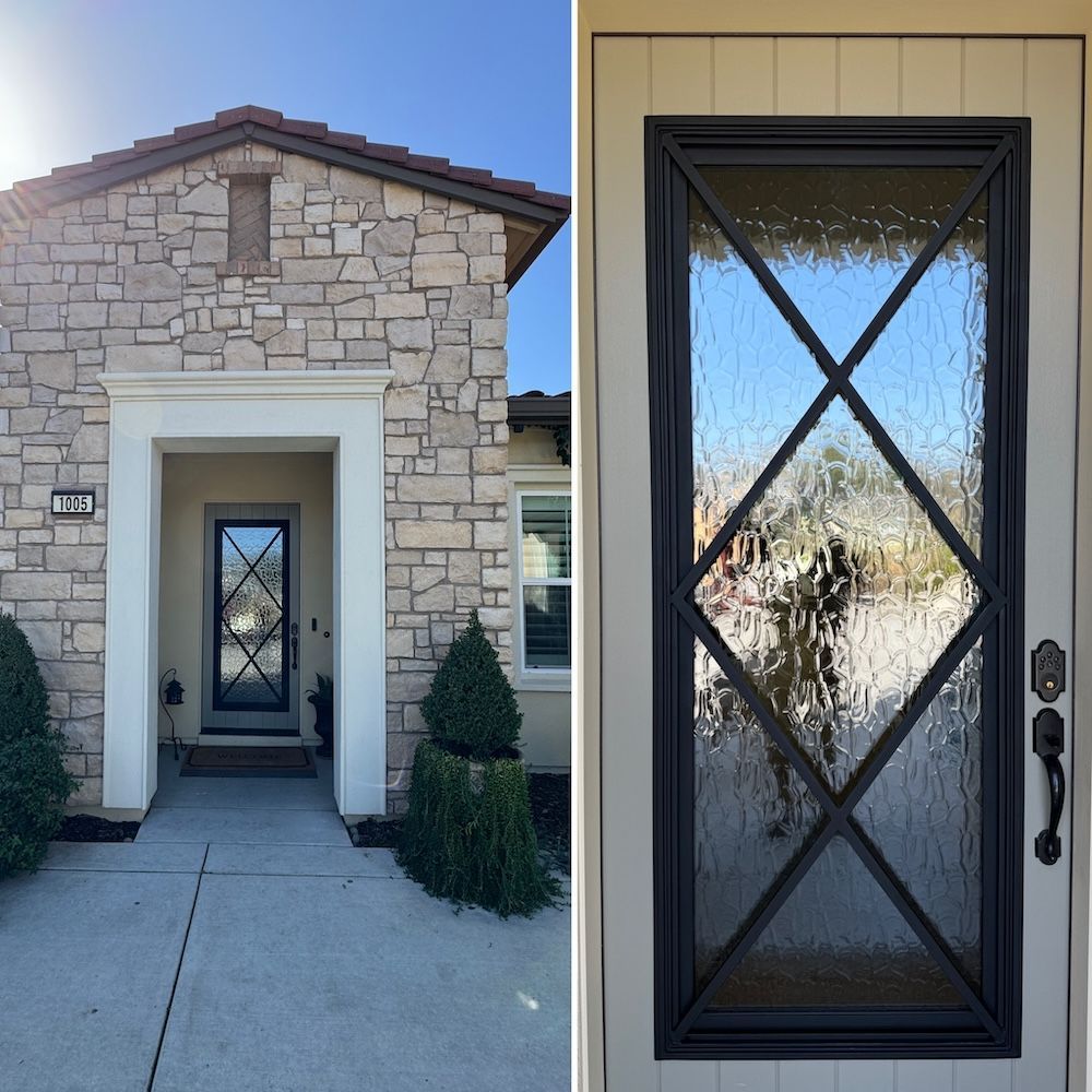 A picture of a stone house and a picture of a door