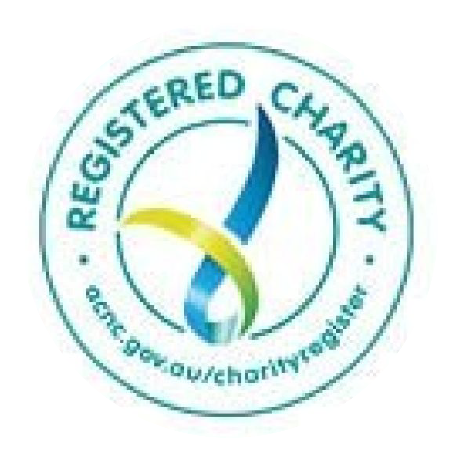A registered charity logo with a blue , yellow , and green ribbon in a circle.