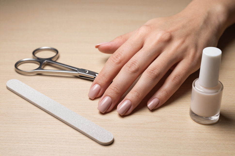 Finished glossy manicure with salon tools