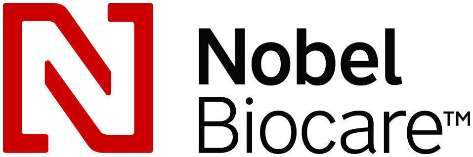 Nobel biocare-logoen er rød og svart på hvit bakgrunn.