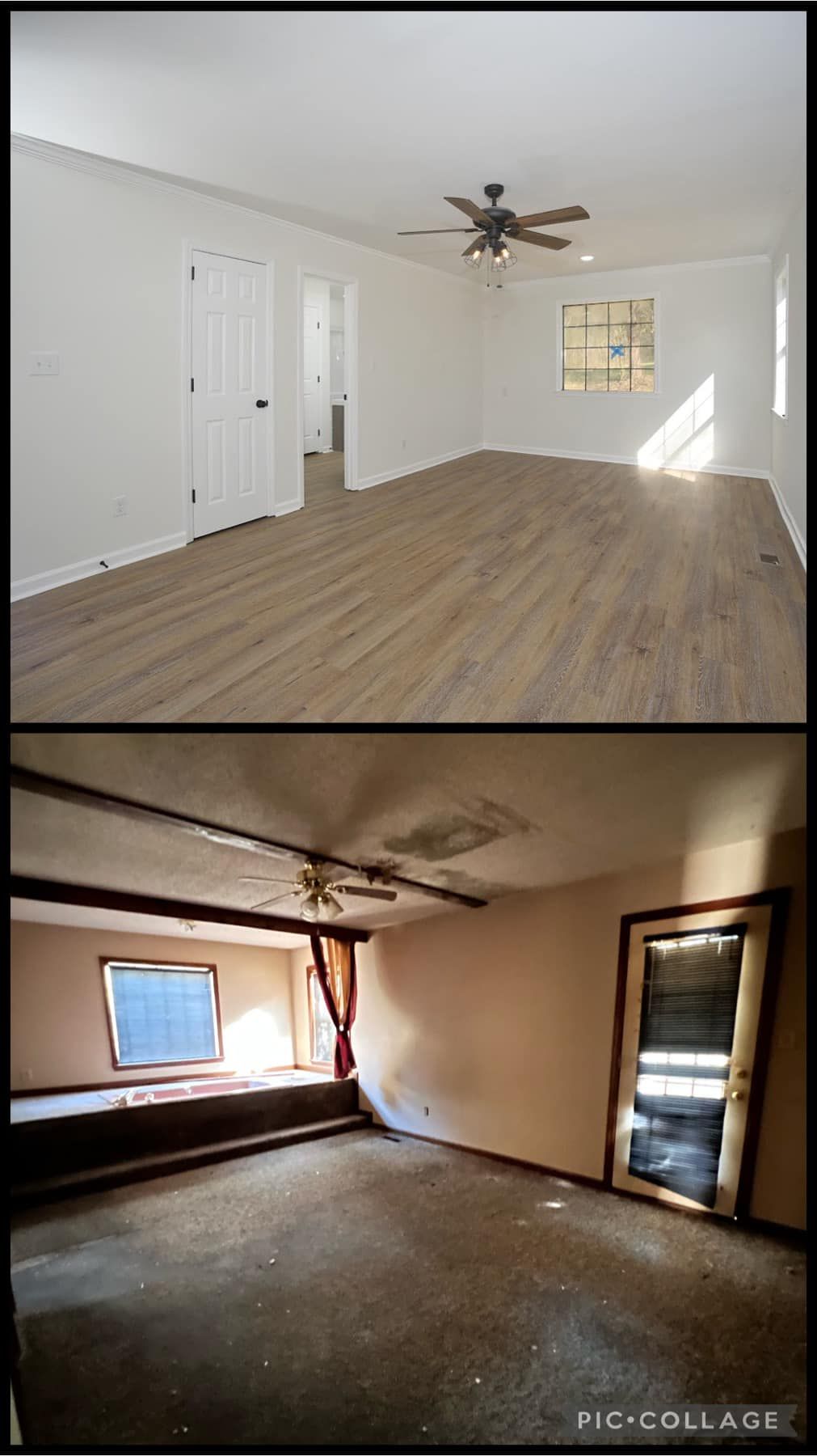 A before and after photo of a living room with a ceiling fan