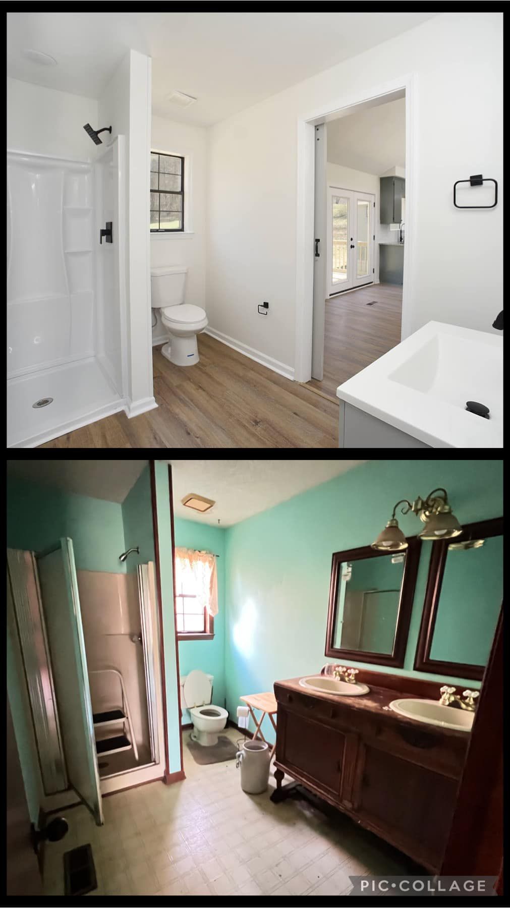 A before and after photo of a bathroom with a toilet , sink and shower.