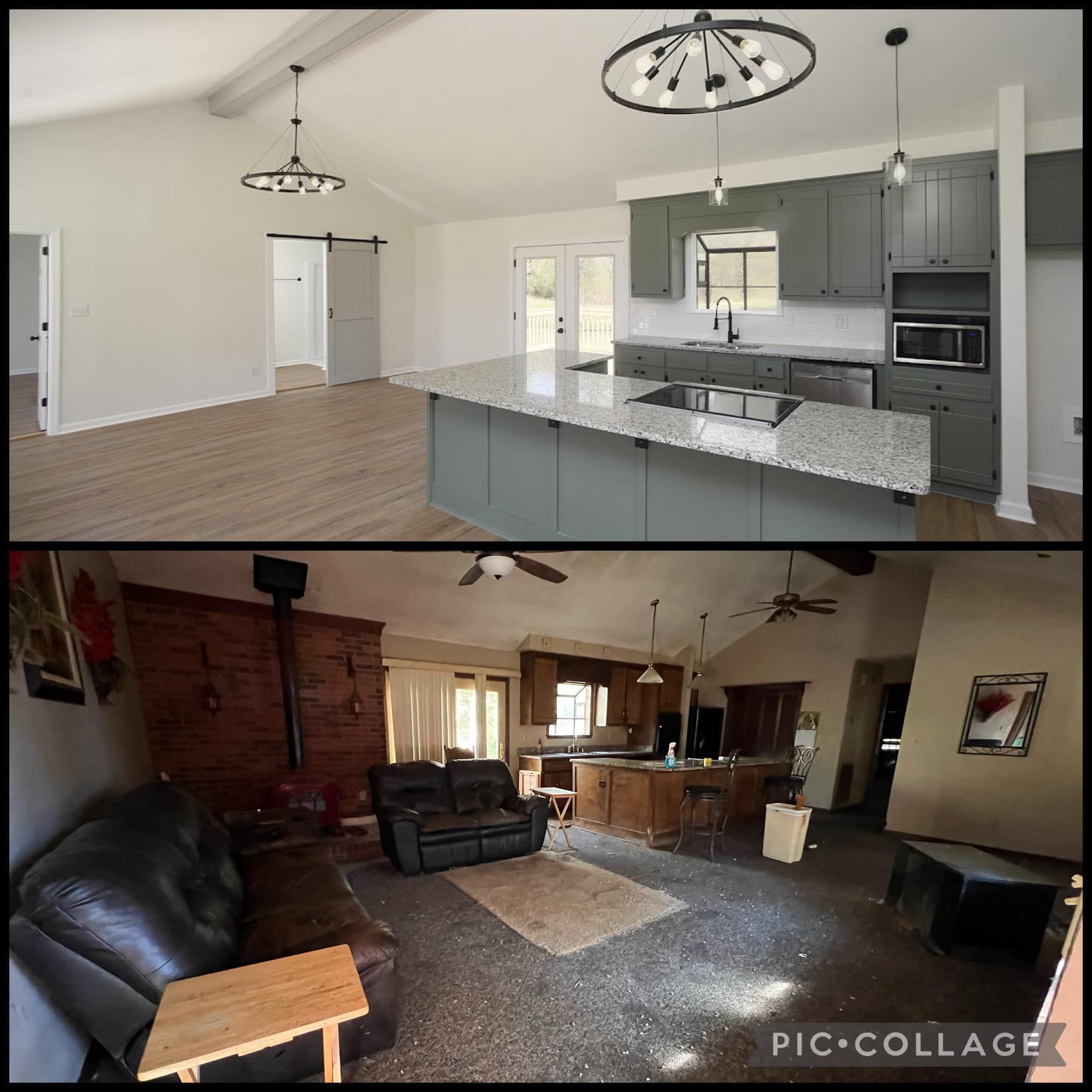 A before and after photo of a kitchen and living room