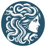 A woman with a snake in her hair is in a circle.