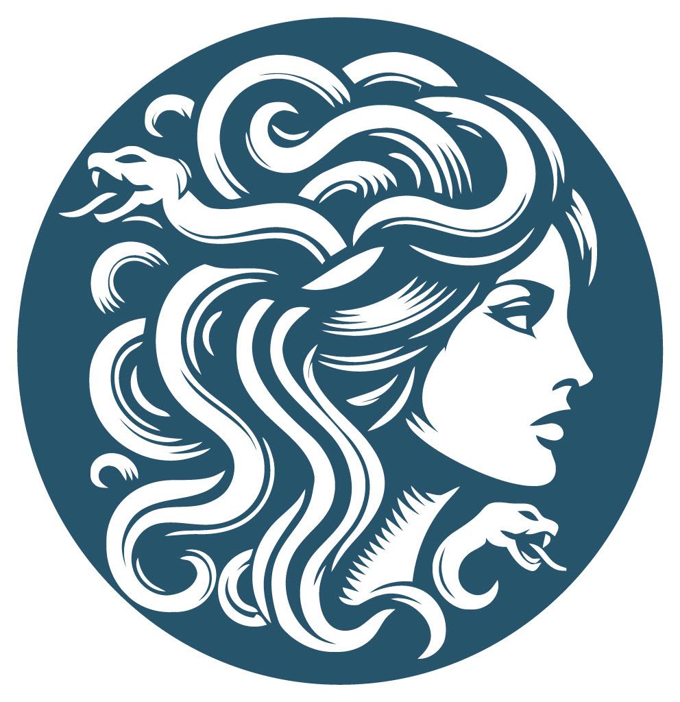 A woman with a snake in her hair is in a circle.