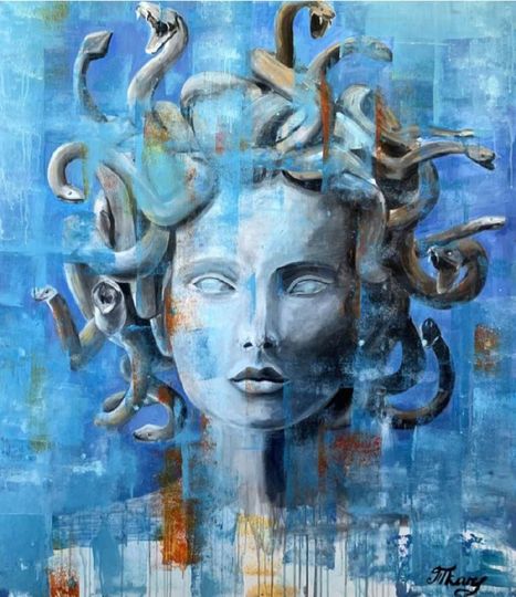 A painting of medusa with snakes in her hair on a blue background.