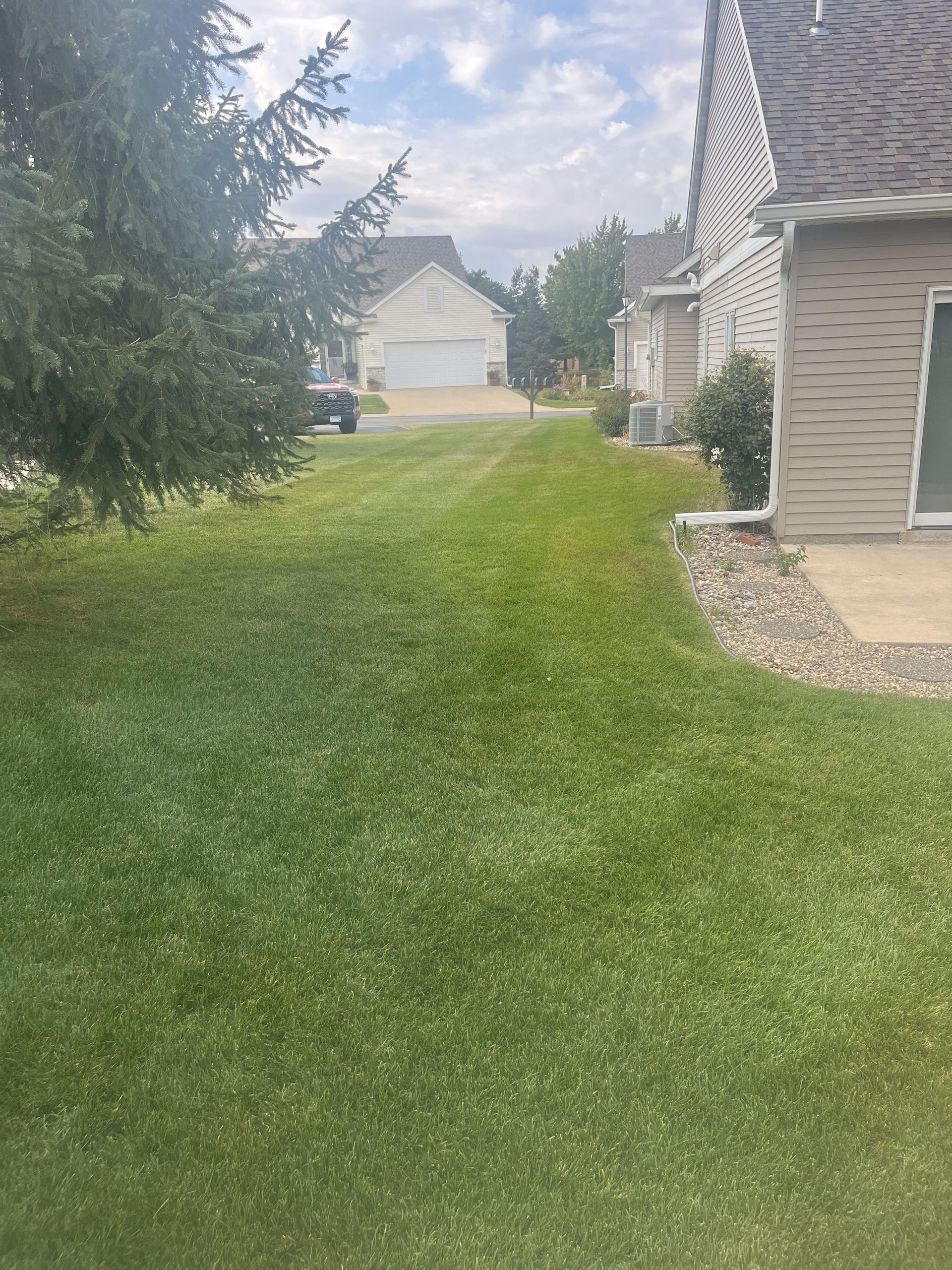 A lush green lawn in front of a house in a residential area.