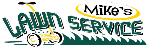 A logo for mike 's lawn service with a lawn mower in the grass.