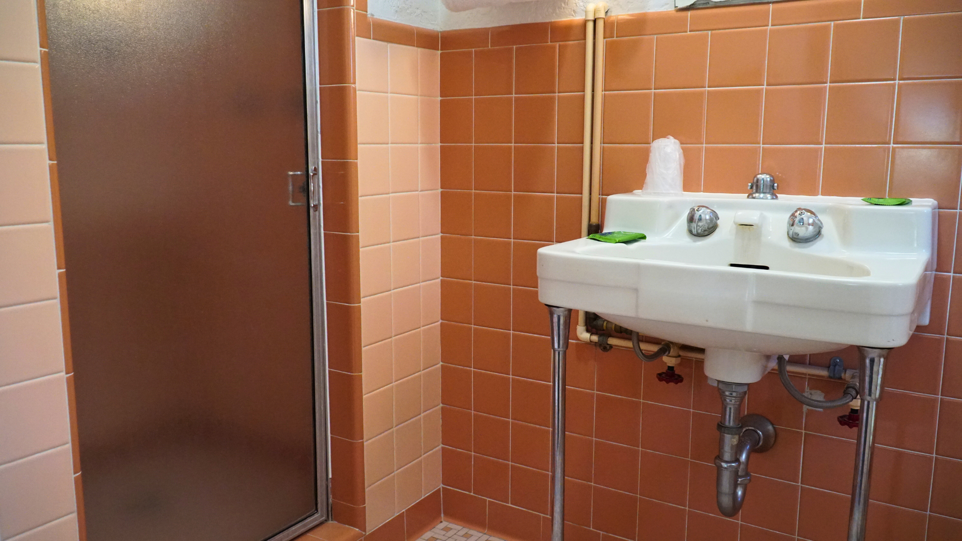 Small bathroom with orange tile walls, a white sink, and a brown stall door