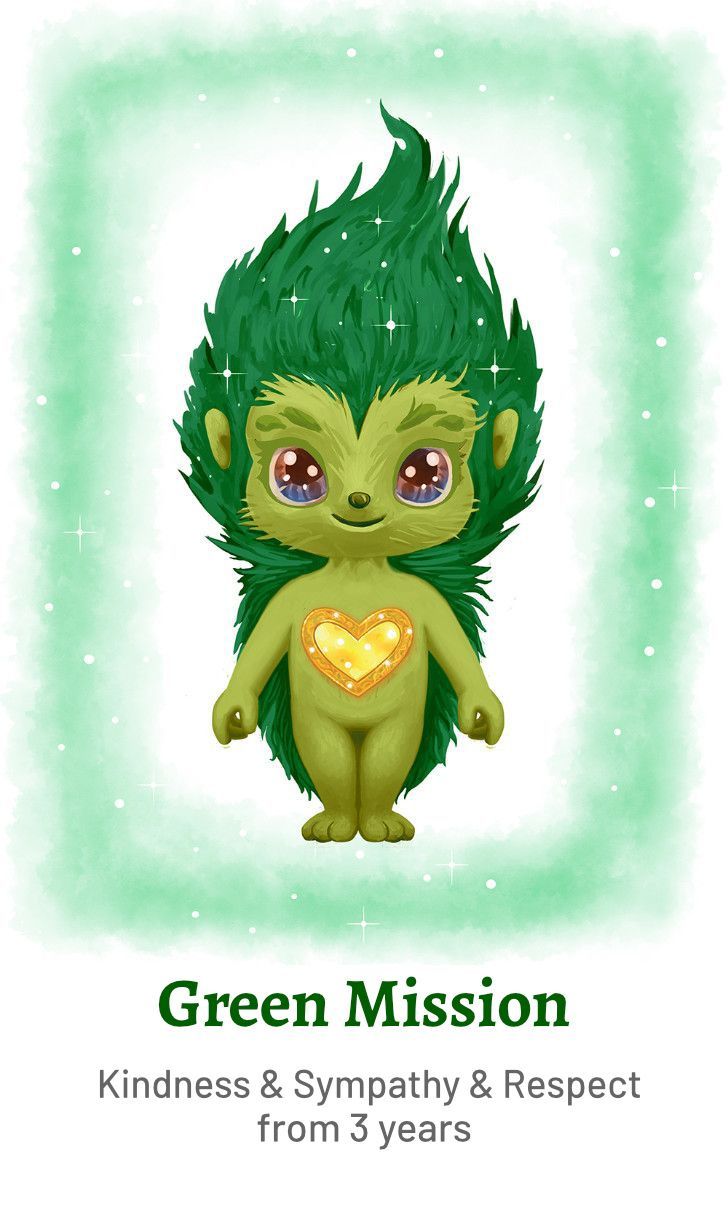 A cartoon character with green hair and a heart on his chest.