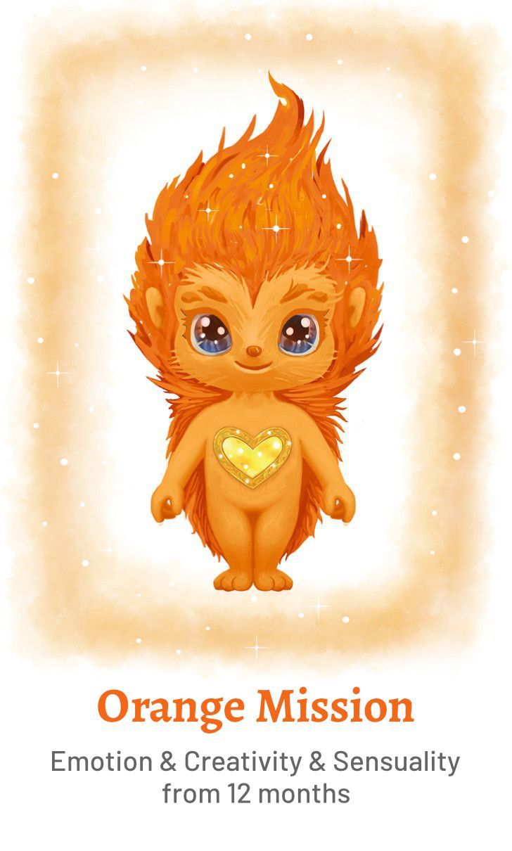 A cartoon illustration of an orange monster with a heart on its chest.