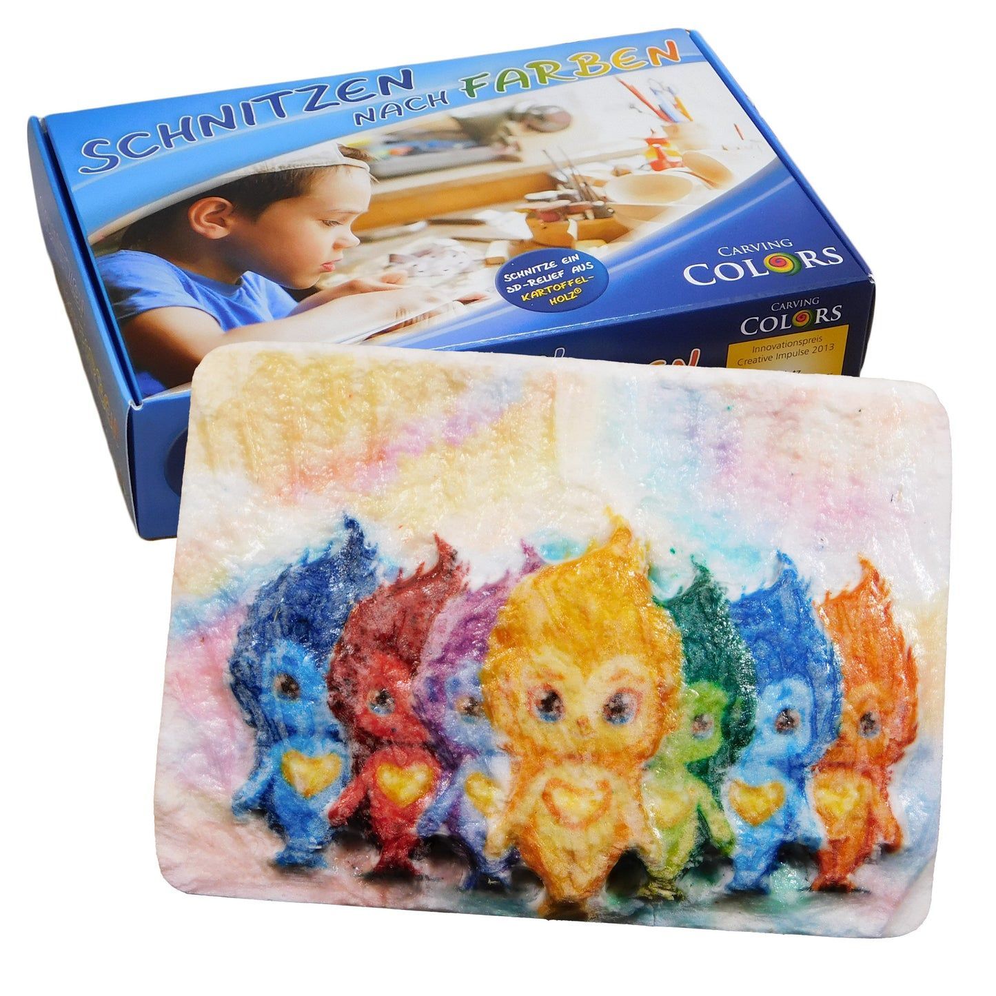 Eine blaue Box mit dem Wort „Farben“ darauf und GOLDY