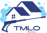Logo for TMLO Services featuring a blue house icon, pressure washer spray gun, and light blue soap bubbles on white.