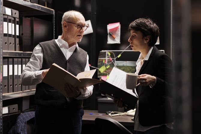Man and woman reviewing files in an office setting. Man holds a folder, woman holds a mug and papers.