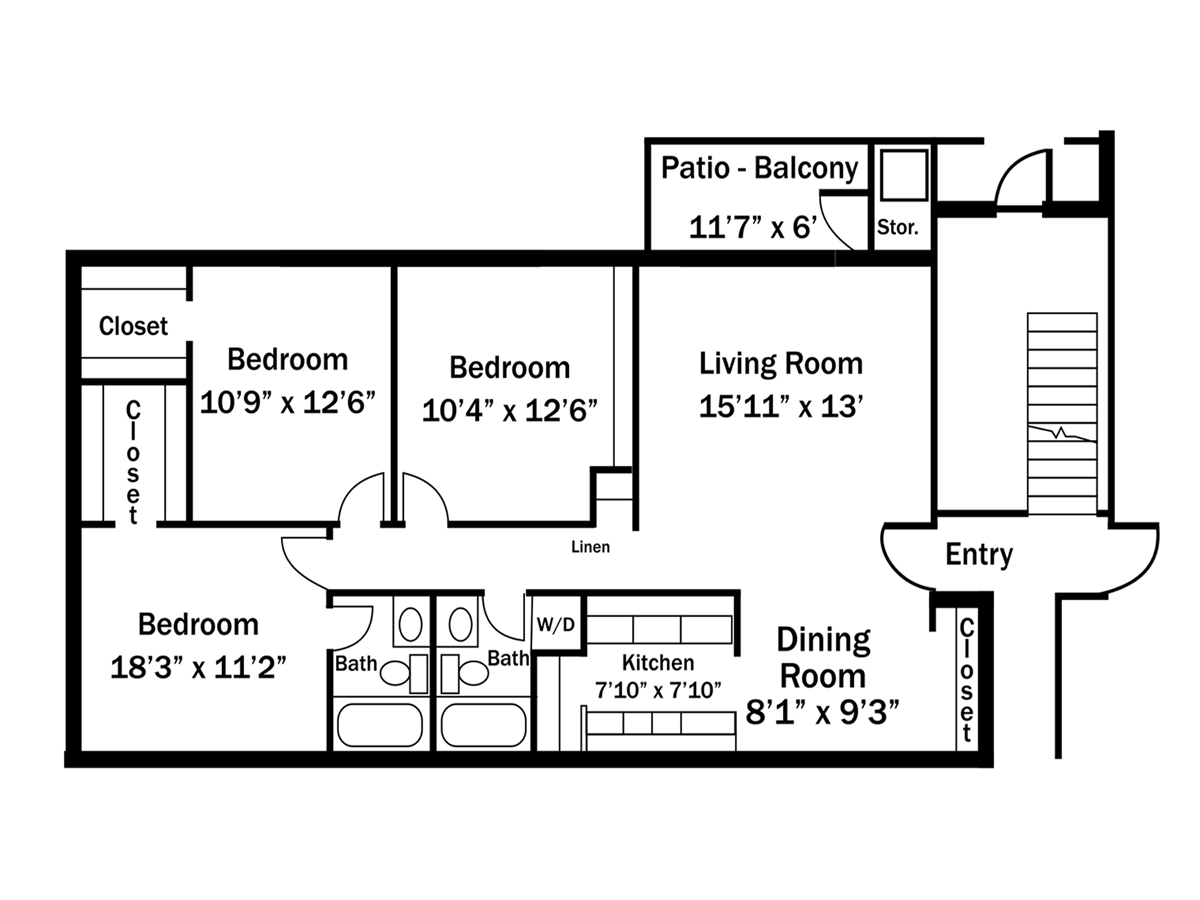 Floor plan of a three-bedroom apartment with living room, dining room, kitchen, and patio/balcony.