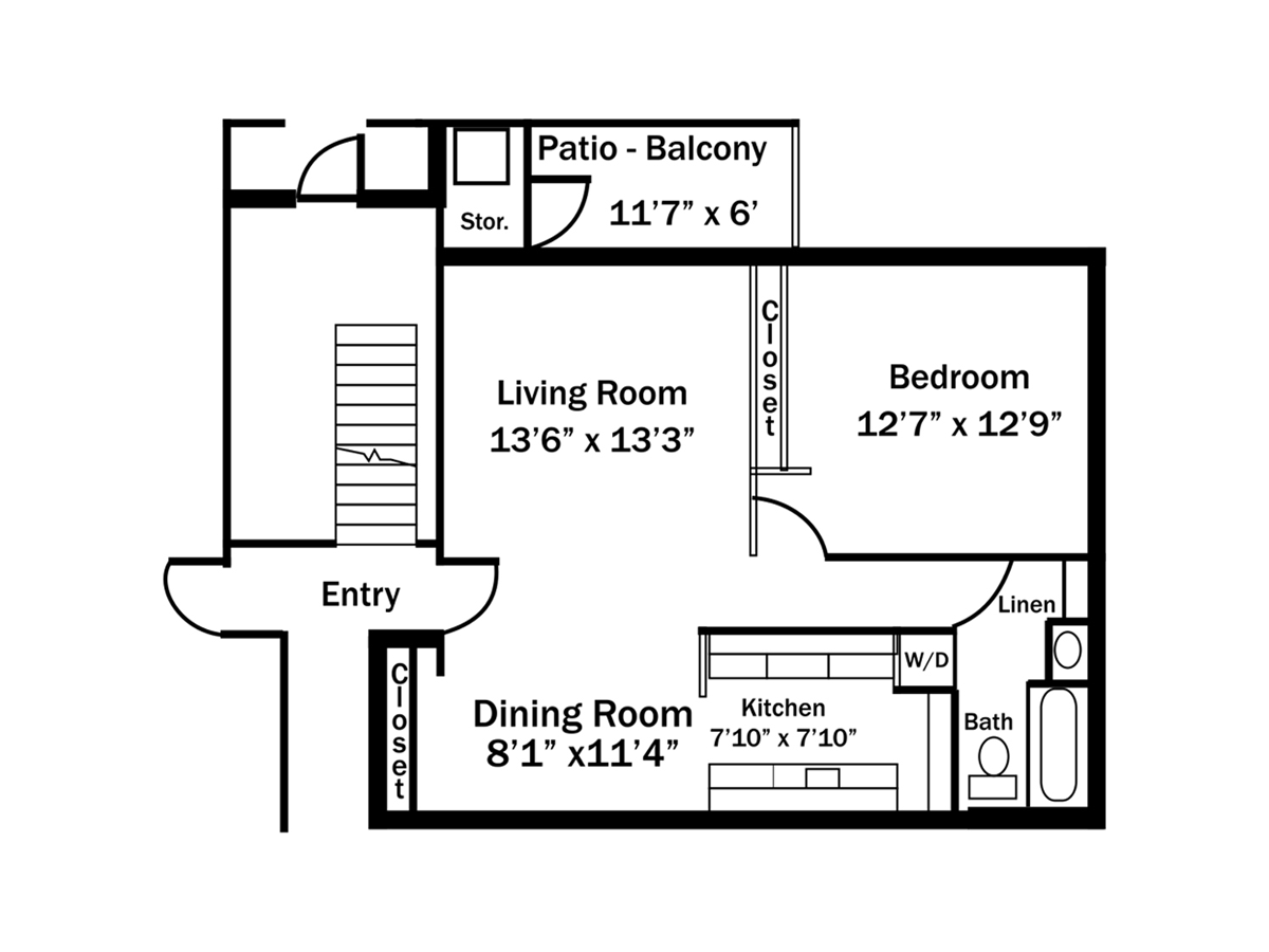 Floor plan of an apartment: entry, living room, bedroom, dining room, kitchen, and patio-balcony with dimensions.