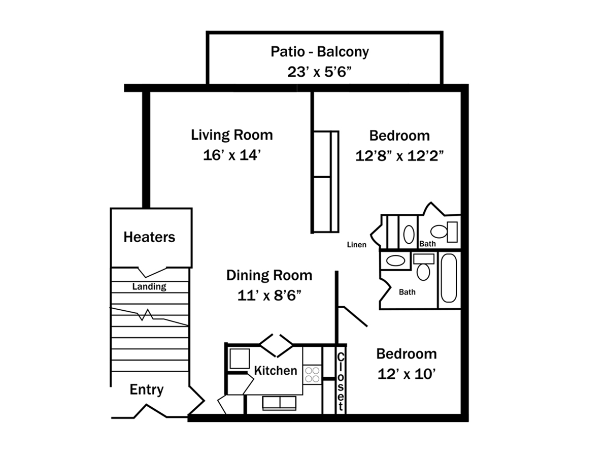 Floor plan of an apartment with a living room, dining room, kitchen, two bedrooms, and a patio.