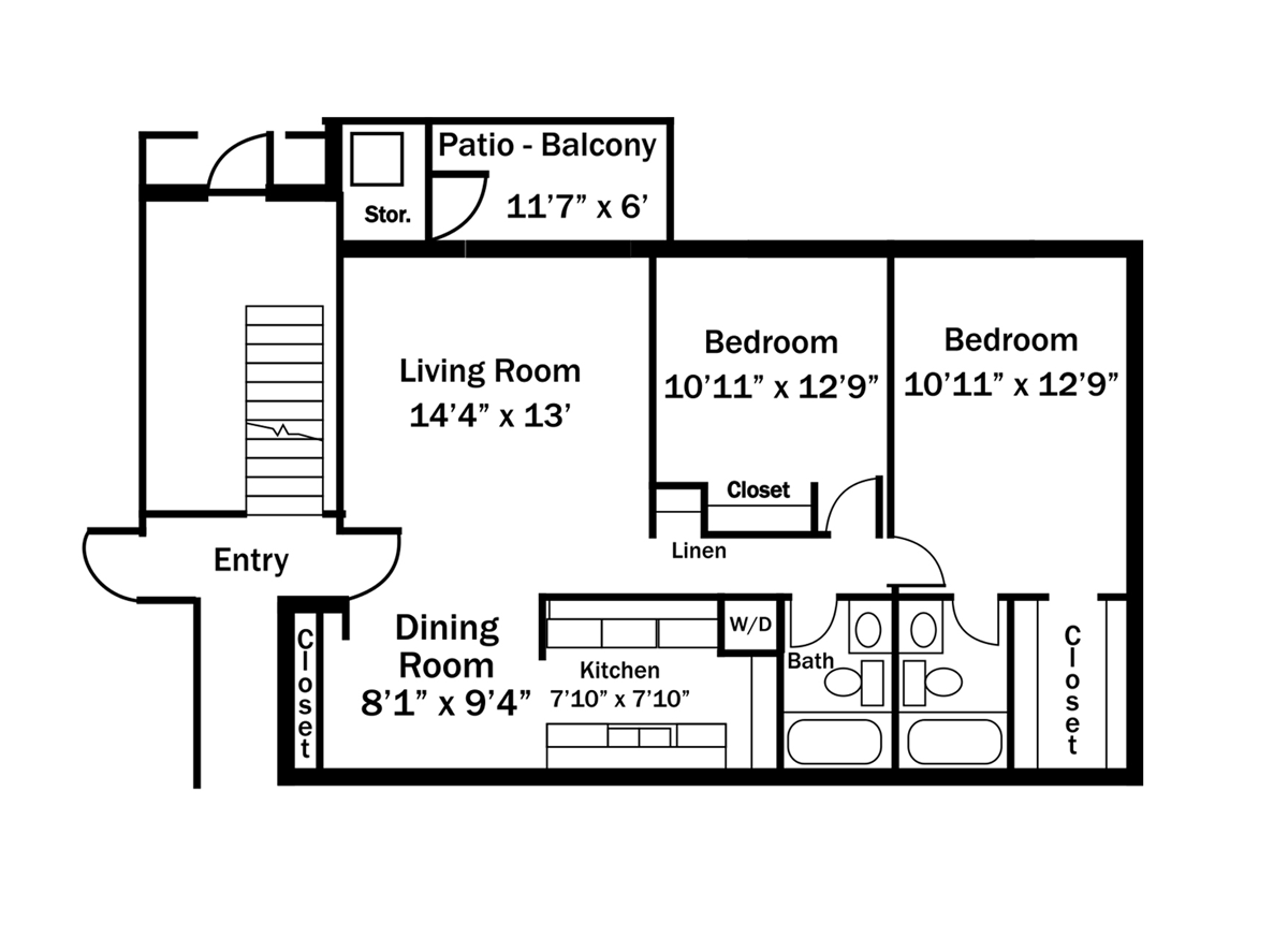 Floor plan of a two-bedroom apartment with a living room, dining room, kitchen, and patio-balcony.
