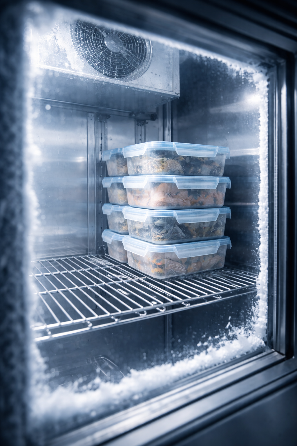 A stack of four sealed clear containers inside a frost-covered industrial freezer.