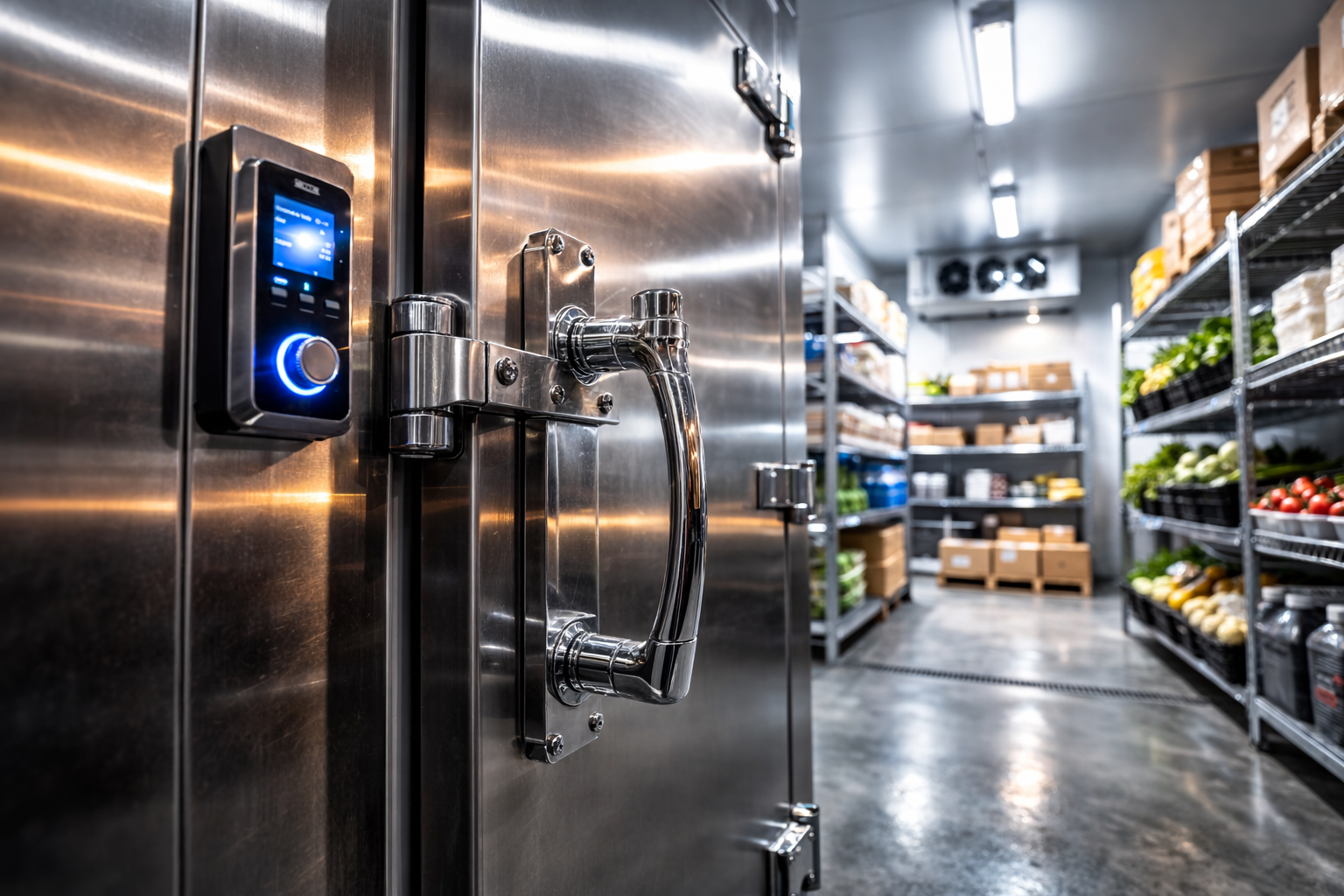Stainless steel walk-in cooler door with a digital keypad and handle, opening into a commercial kitchen storage room.