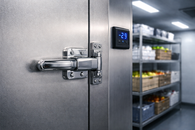 A closed industrial freezer door with a metal latch and a digital thermostat reading -23 degrees, opening to shelves.