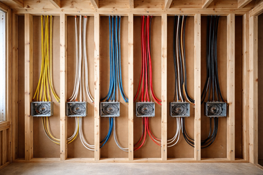 Electrical boxes mounted to wooden wall studs, with color-coded bundles of wires leading to each unit.