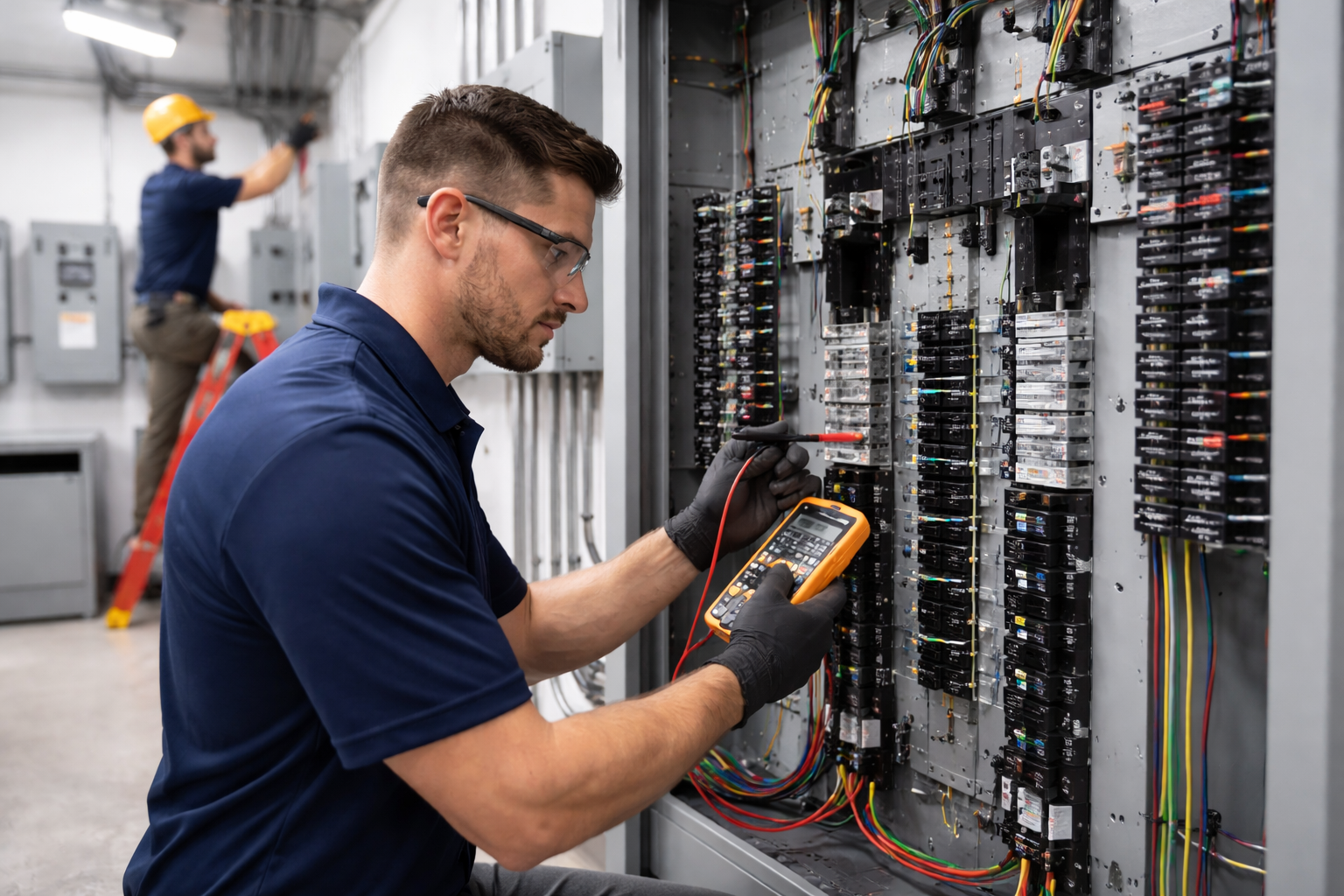 An electrician uses a multimeter to test a large open electrical panel in an industrial room.