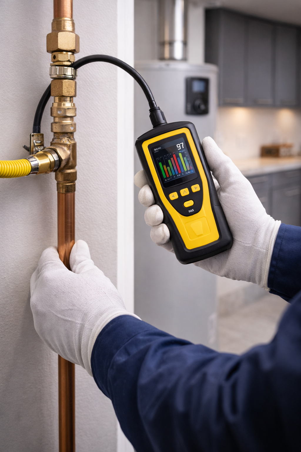 A technician in white work gloves uses a handheld electronic gas leak detector on a copper pipe fitting.