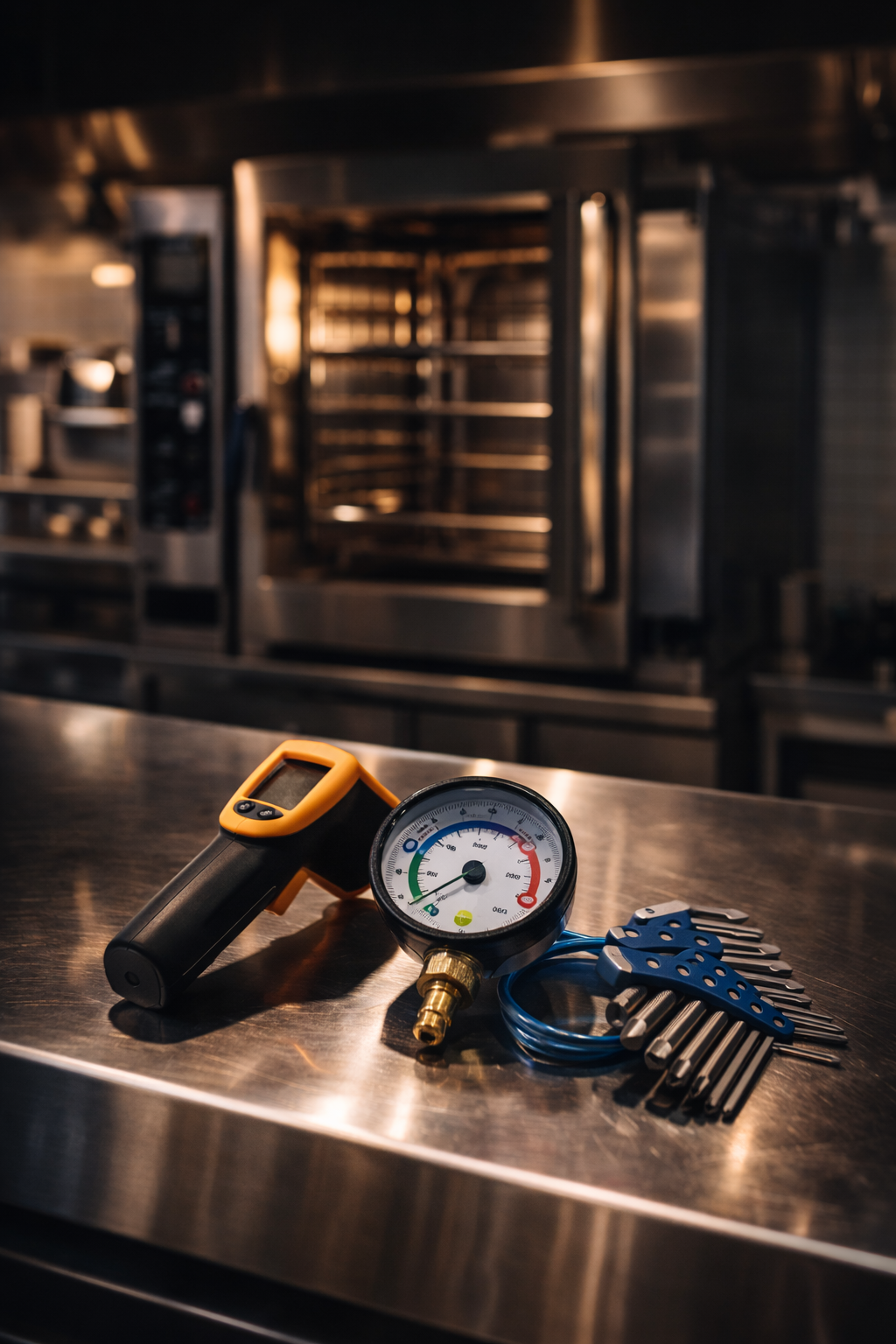 Tools including a temperature gun, pressure gauge, and hex keys sit on a stainless steel counter in a professional kitchen.