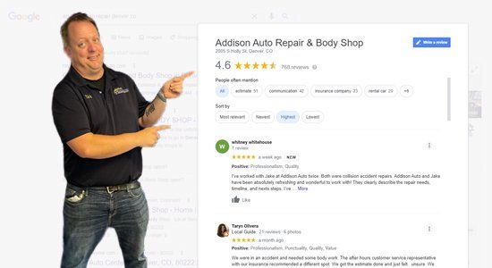 A man is pointing at a google review for addison auto repair and body shop.