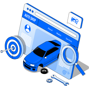 Auto shop website with a car, magnifying glass, and target icon, symbolizing SEO and audience targeting for repair shops.