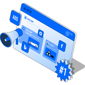 Auto shop ad listings with megaphone, Google, Bing, and Facebook icons, showing top-ranked multi-channel advertising.