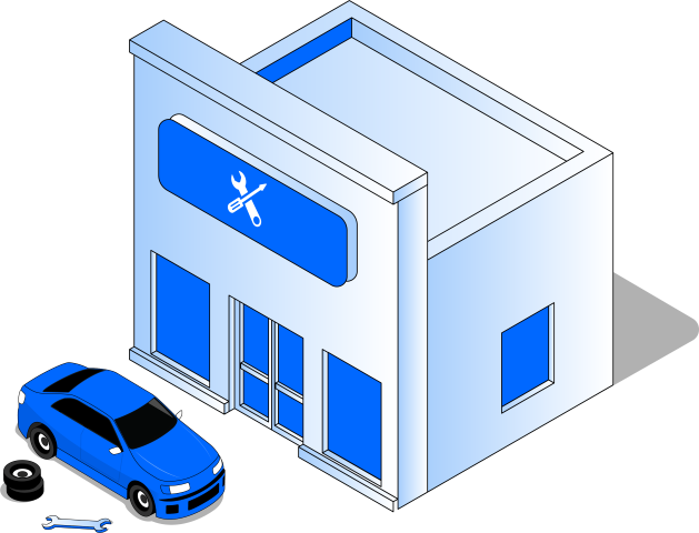 An isometric drawing of a car repair shop.
