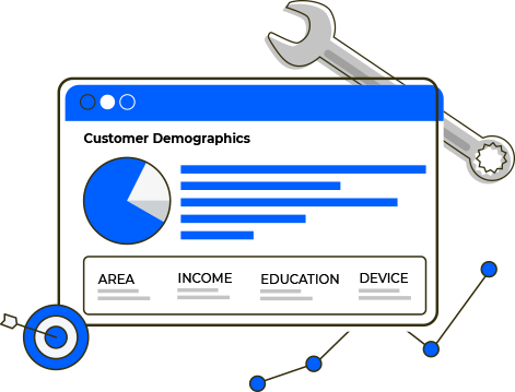 A cartoon illustration of a website with a pie chart and a wrench.